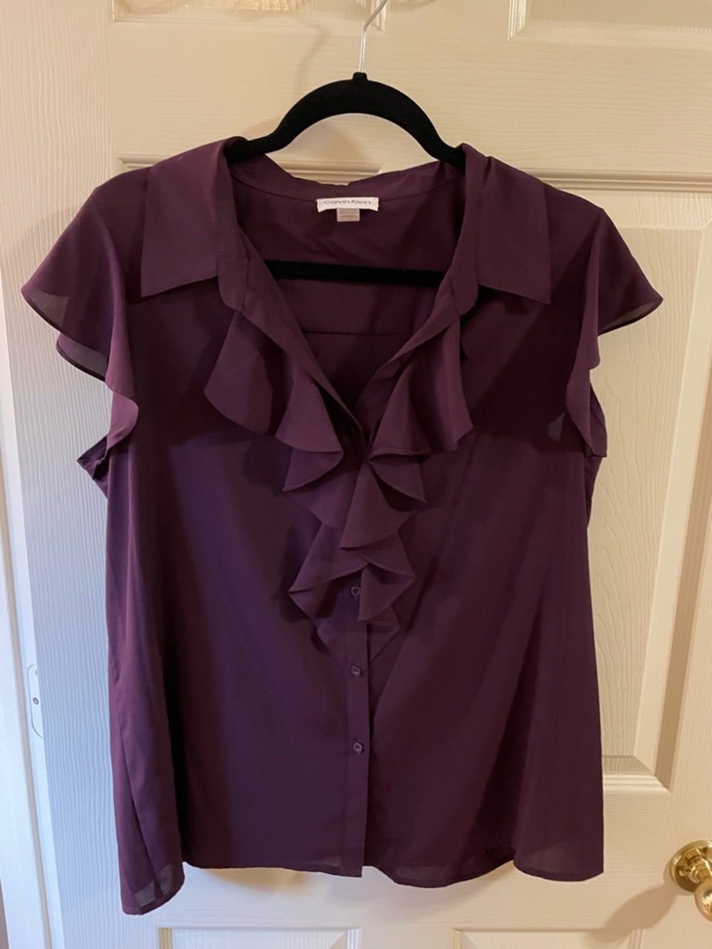 Calvin Klein Purple Ruffle Front Cap Sleeve Blouse